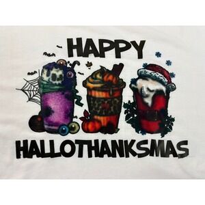 Happy Hallothanksmas White Graphic T-Shirt 2XL Holiday Coffee Tee MC0064